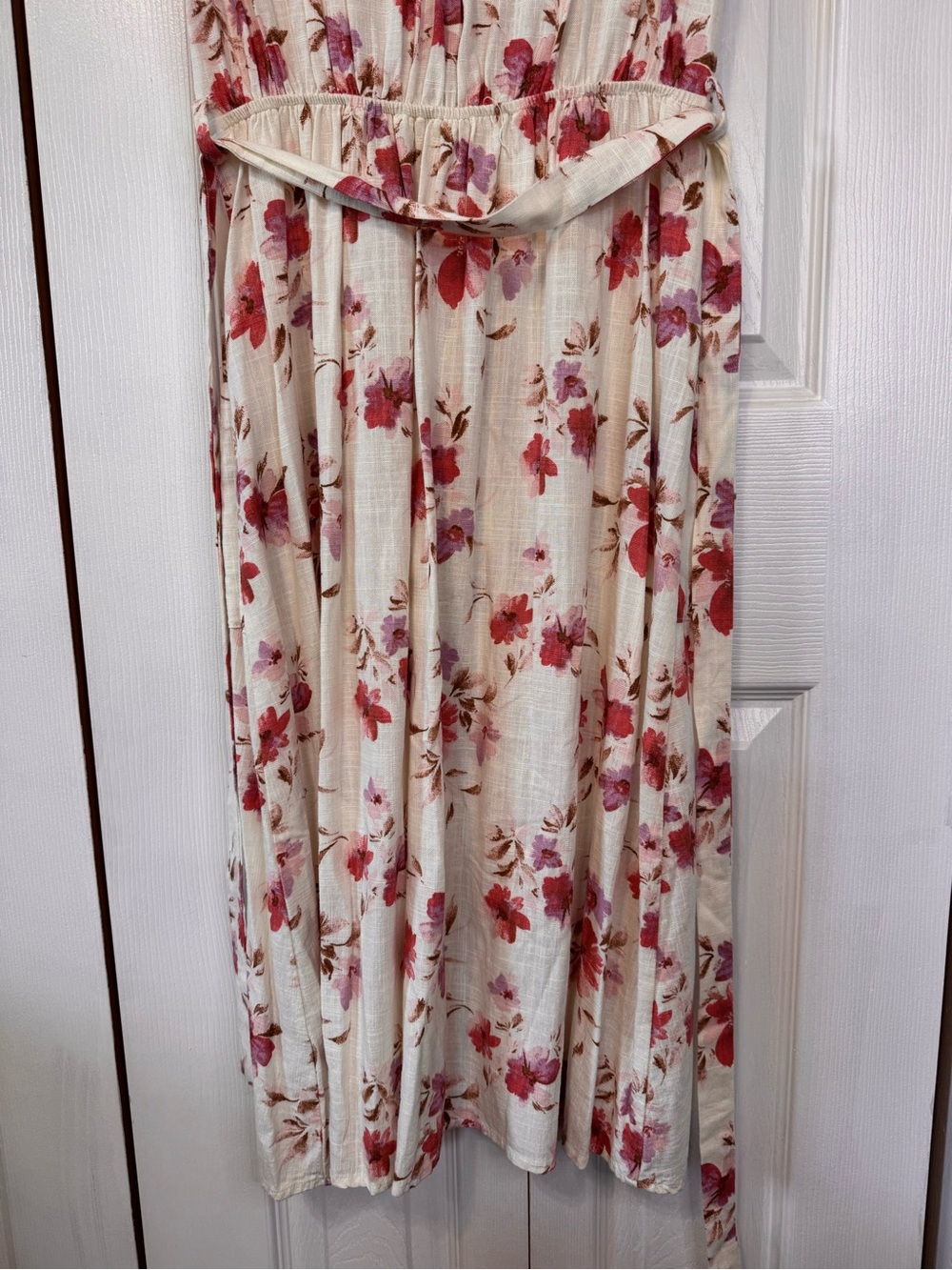 Monteau Cream Maxi Belted Dress with Pink Salmon Lavender Floral Print Size XS - Picture 9 of 13
